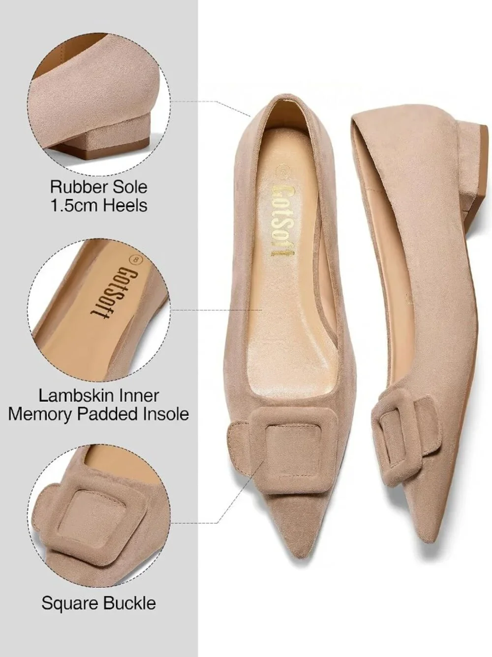 Women's Nude Rubber Pointed Toe Square Buckle Flats Slip On Comfortable Shoes